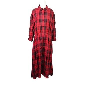 Vintage 80s Lew Magram red and black plaid midi shirt dress 14